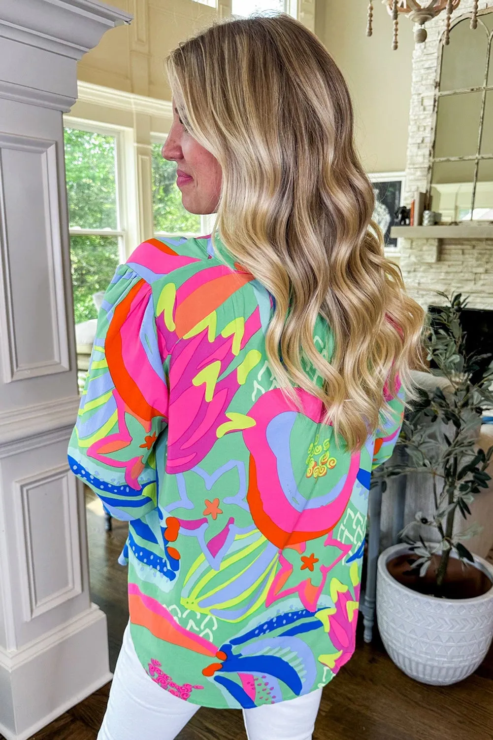 KaleaBoutique Abstract Print Ruffled Sleeve Buttoned V Neck Blouse