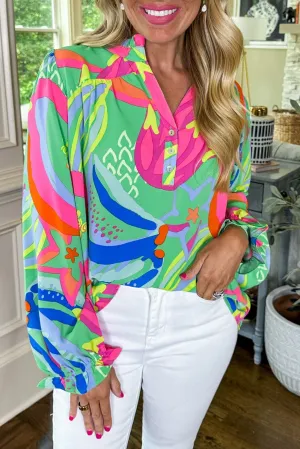 KaleaBoutique Abstract Print Ruffled Sleeve Buttoned V Neck Blouse