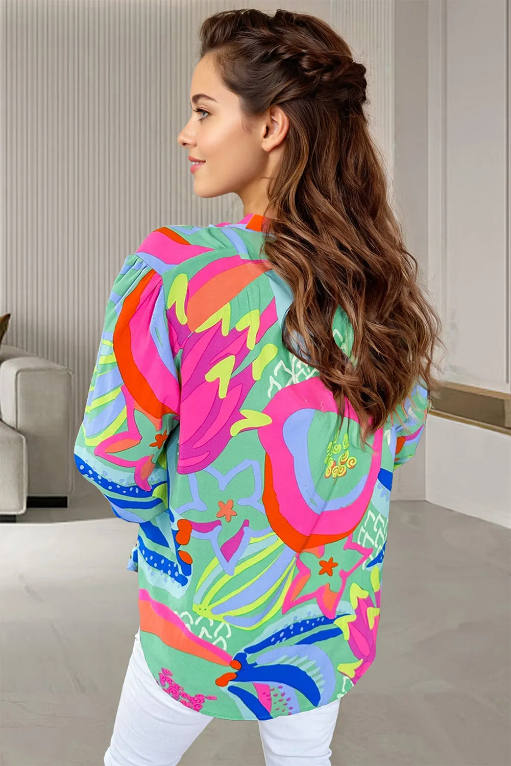 KaleaBoutique Abstract Print Ruffled Sleeve Buttoned V Neck Blouse