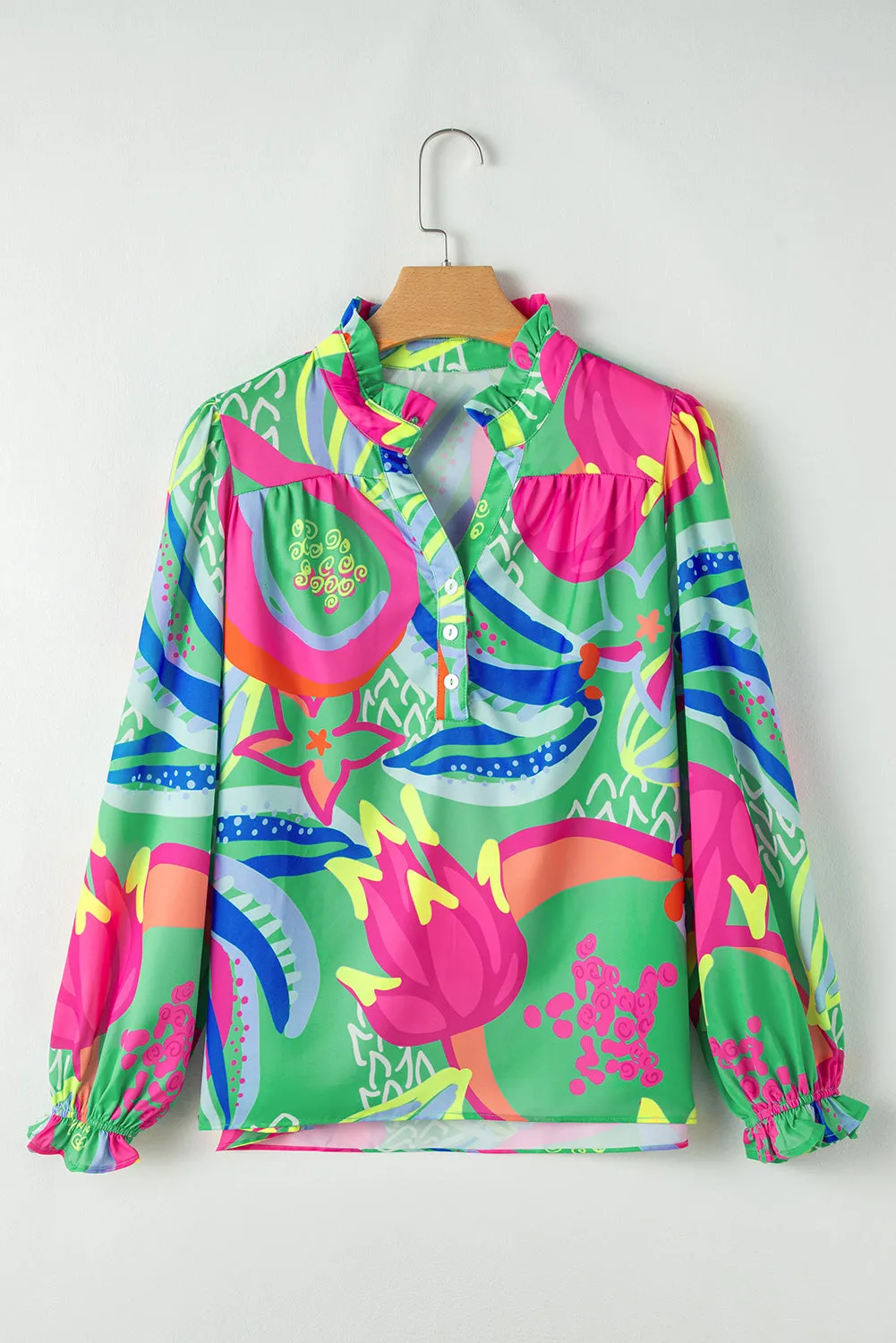 KaleaBoutique Abstract Print Ruffled Sleeve Buttoned V Neck Blouse