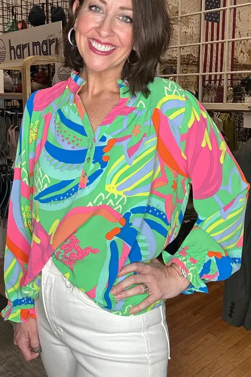 KaleaBoutique Abstract Print Ruffled Sleeve Buttoned V Neck Blouse