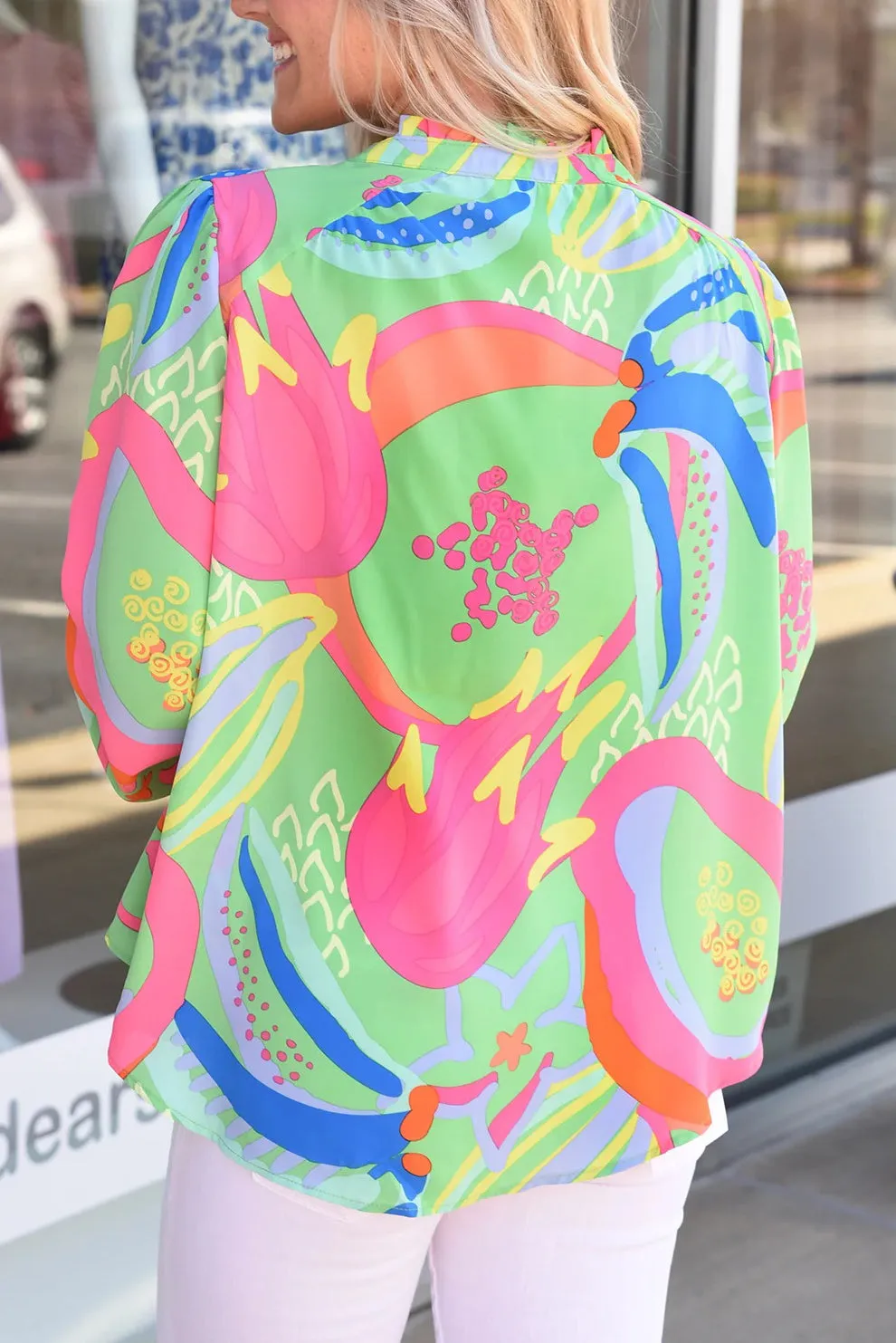 KaleaBoutique Abstract Print Ruffled Sleeve Buttoned V Neck Blouse