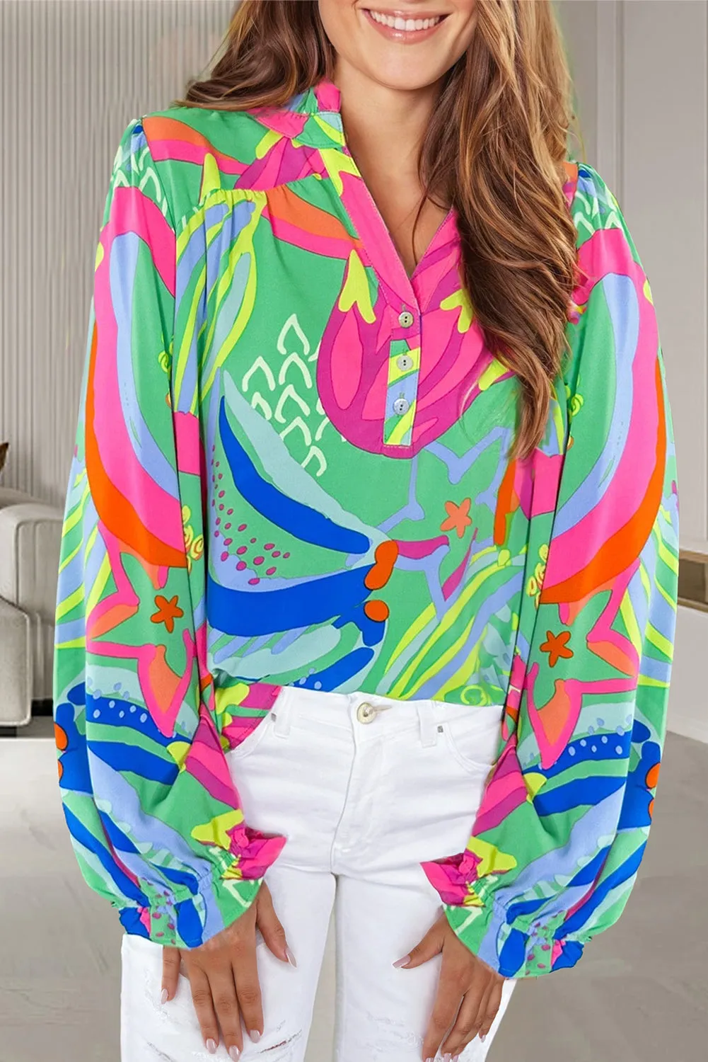 KaleaBoutique Abstract Print Ruffled Sleeve Buttoned V Neck Blouse