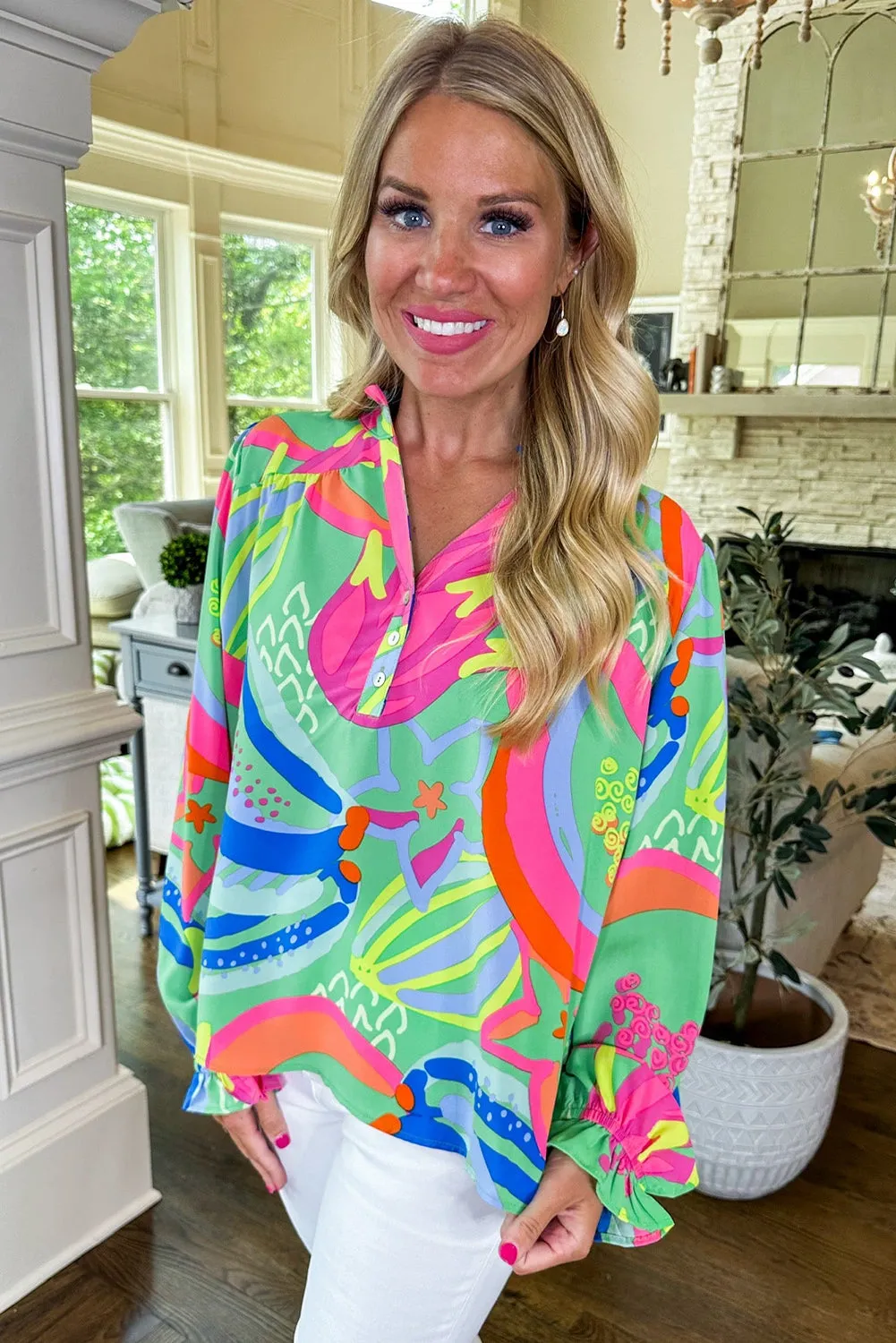 KaleaBoutique Abstract Print Ruffled Sleeve Buttoned V Neck Blouse