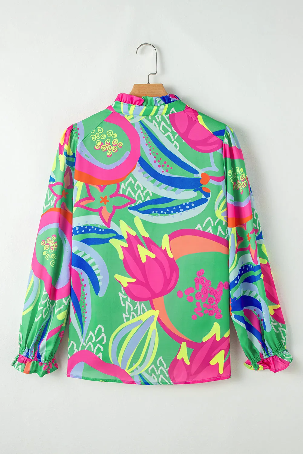 KaleaBoutique Abstract Print Ruffled Sleeve Buttoned V Neck Blouse