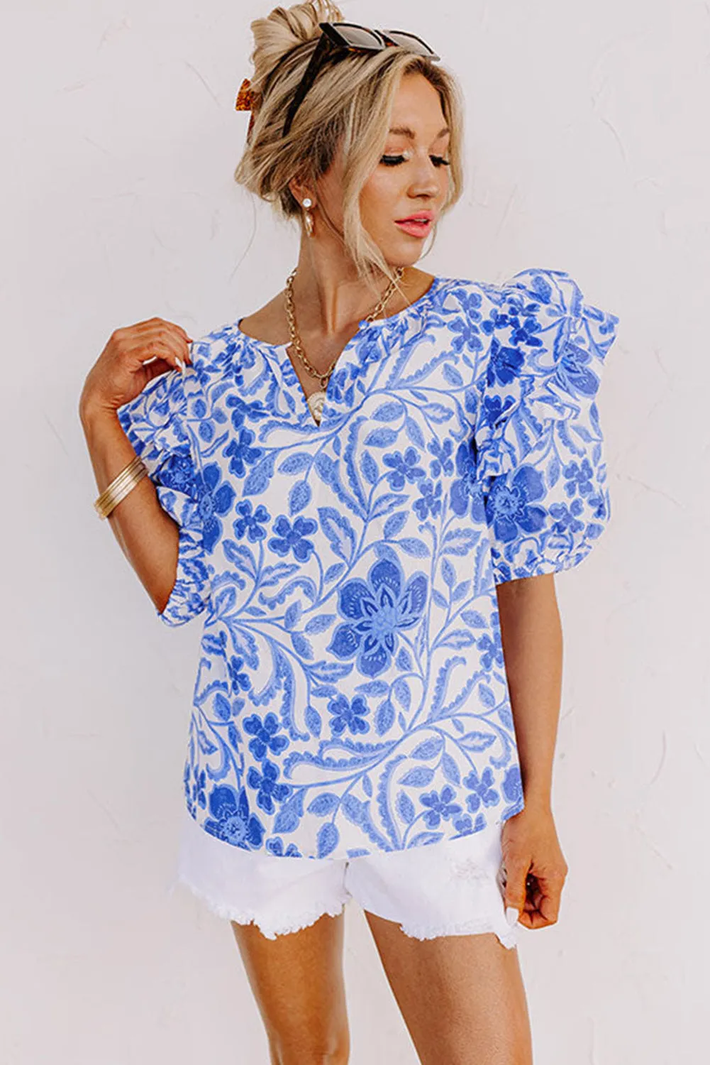 KaleaBoutique Floral Print Ruffled Bubble Sleeve Blouse