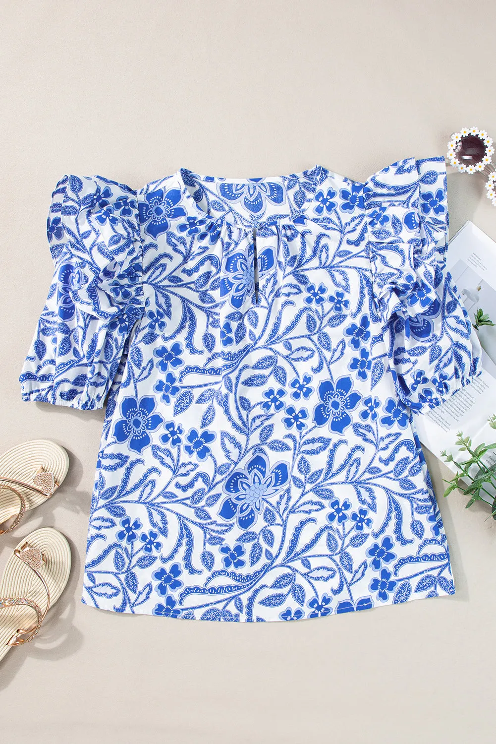 KaleaBoutique Floral Print Ruffled Bubble Sleeve Blouse