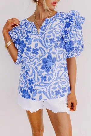 KaleaBoutique Floral Print Ruffled Bubble Sleeve Blouse