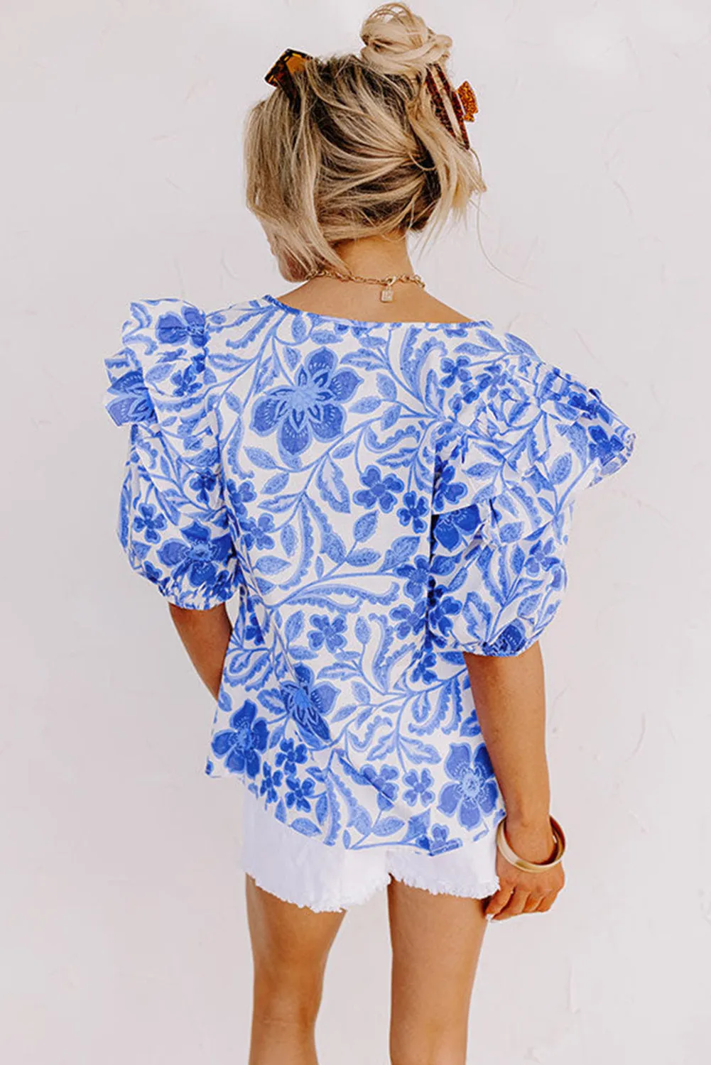 KaleaBoutique Floral Print Ruffled Bubble Sleeve Blouse