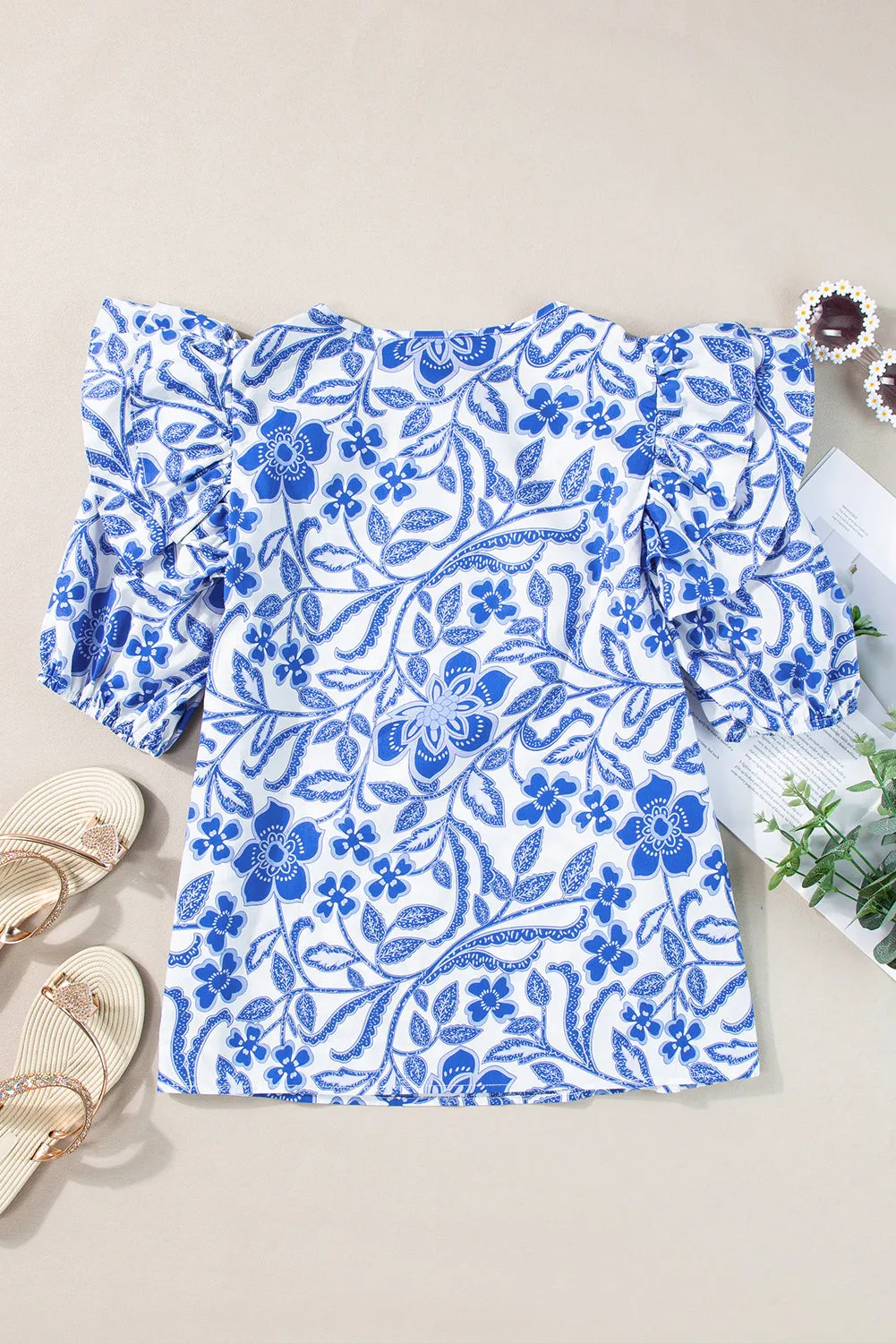 KaleaBoutique Floral Print Ruffled Bubble Sleeve Blouse