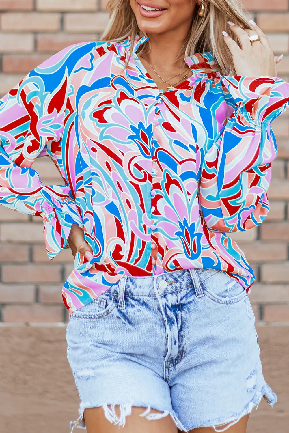 KaleaBoutique Stylish Abstract Print Frilly Neck Ruffled Sleeve Blouse