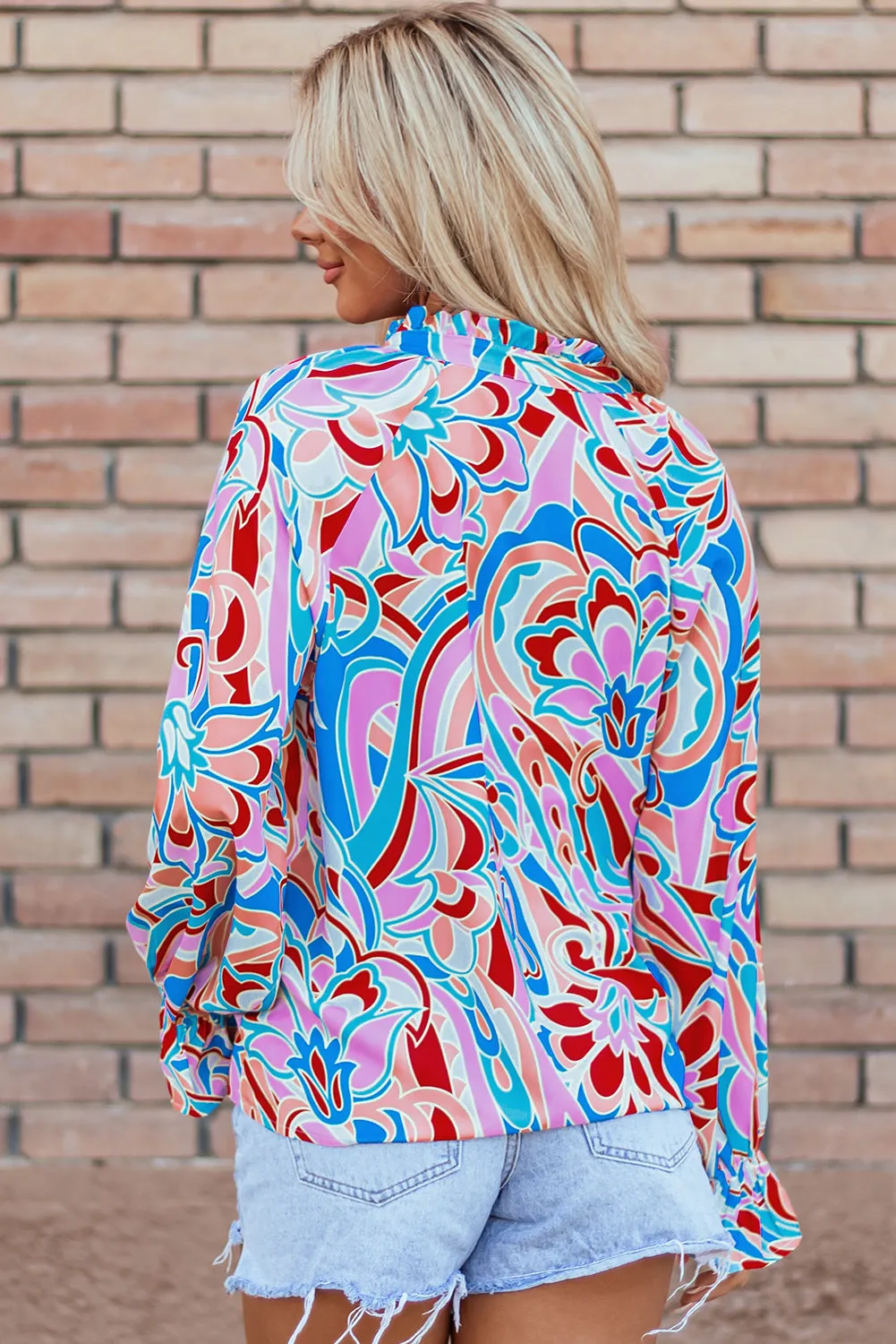 KaleaBoutique Stylish Abstract Print Frilly Neck Ruffled Sleeve Blouse