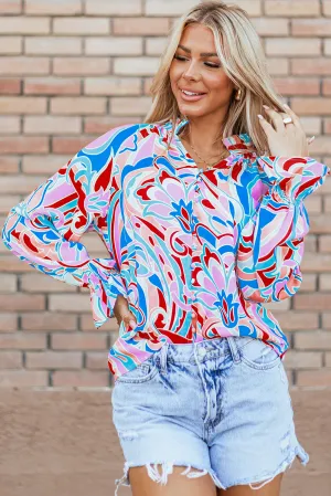 KaleaBoutique Stylish Abstract Print Frilly Neck Ruffled Sleeve Blouse