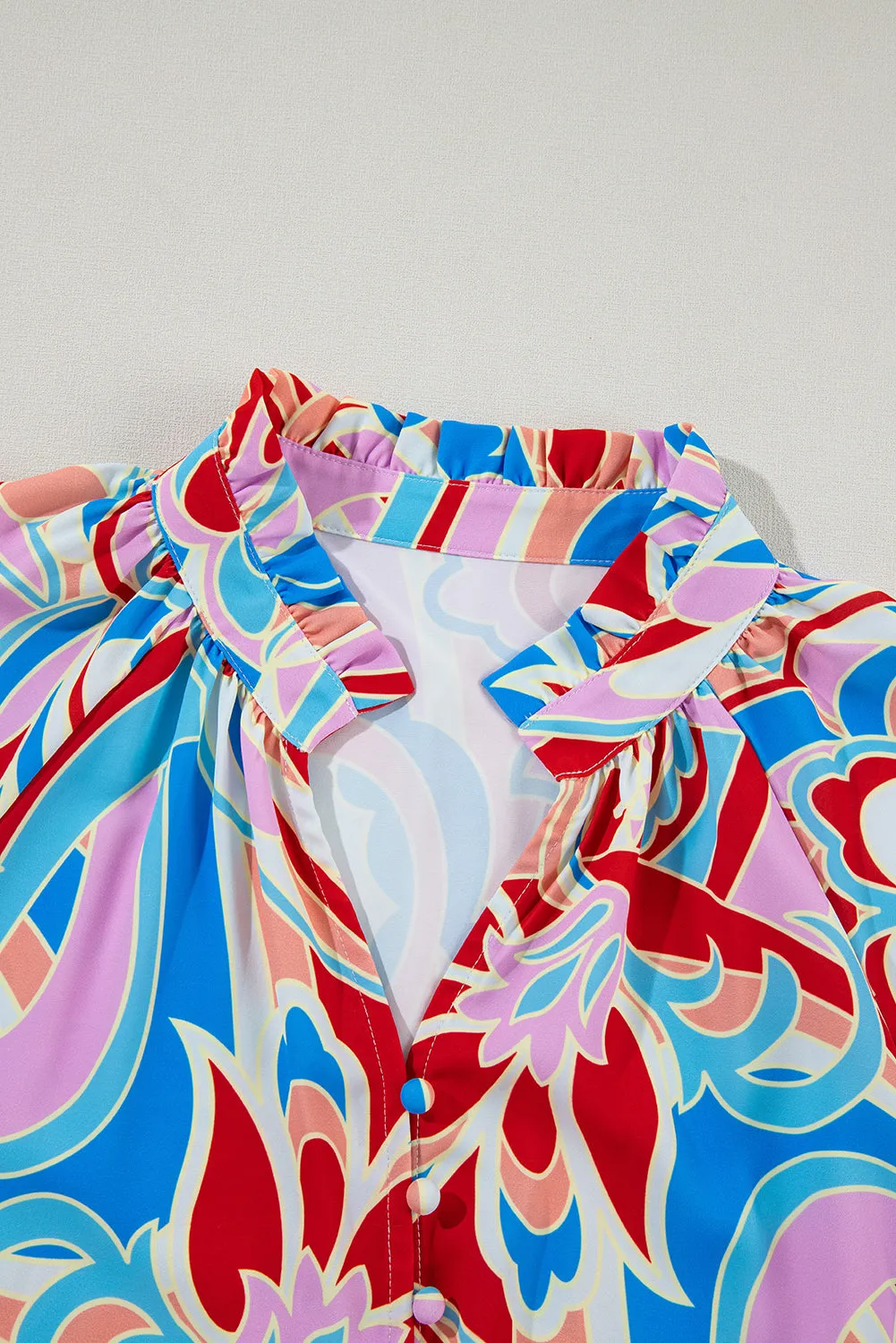 KaleaBoutique Stylish Abstract Print Frilly Neck Ruffled Sleeve Blouse