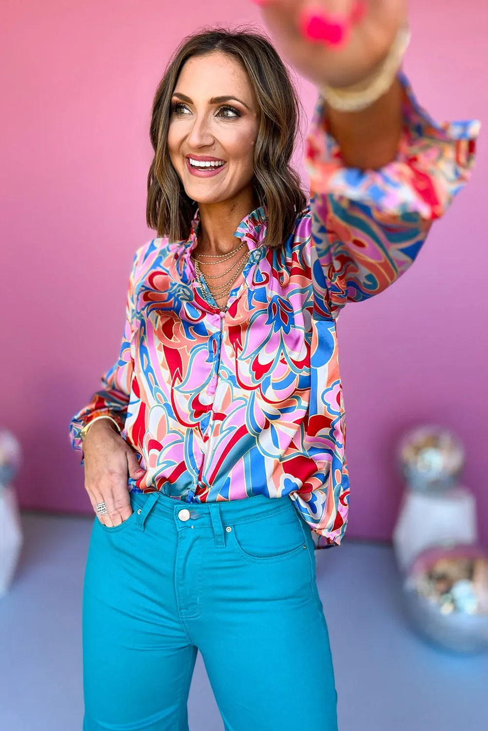 KaleaBoutique Stylish Abstract Print Frilly Neck Ruffled Sleeve Blouse
