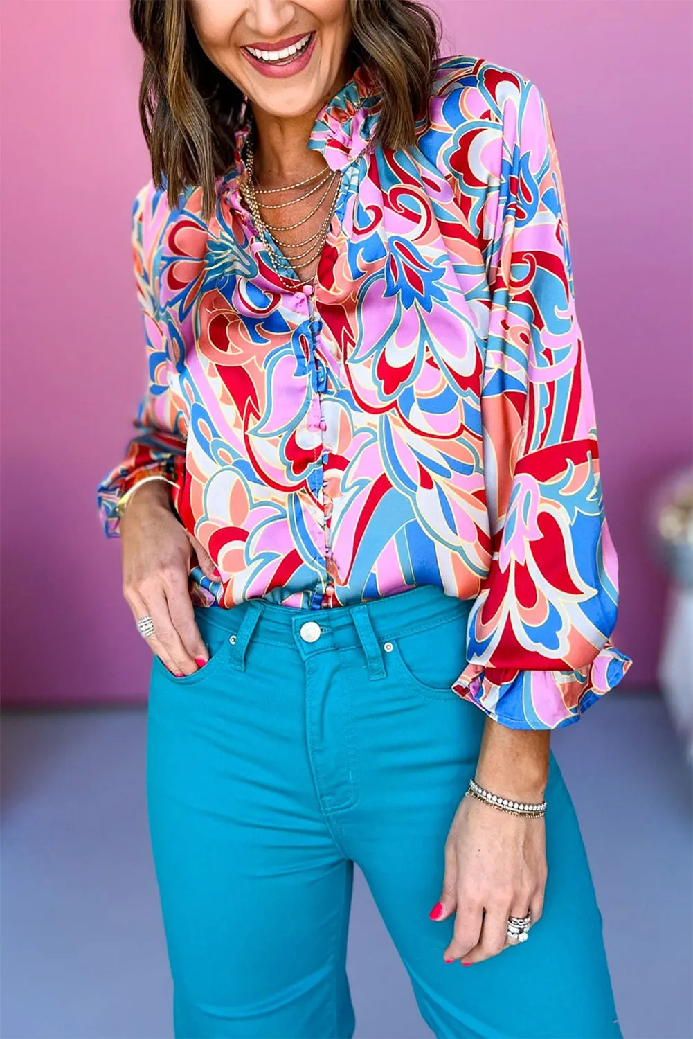 KaleaBoutique Stylish Abstract Print Frilly Neck Ruffled Sleeve Blouse