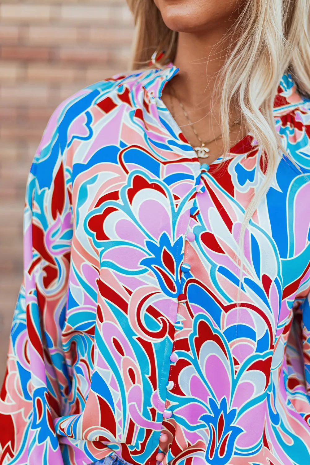 KaleaBoutique Stylish Abstract Print Frilly Neck Ruffled Sleeve Blouse