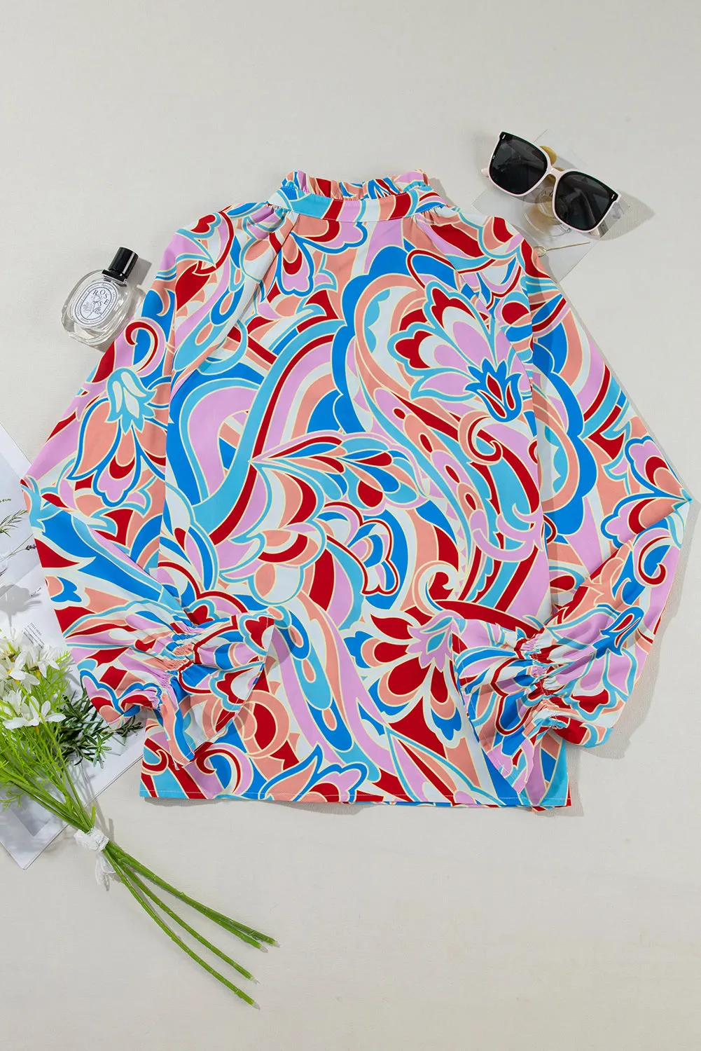 KaleaBoutique Stylish Abstract Print Frilly Neck Ruffled Sleeve Blouse
