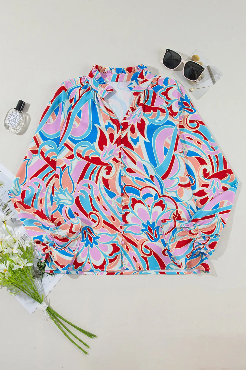 KaleaBoutique Stylish Abstract Print Frilly Neck Ruffled Sleeve Blouse