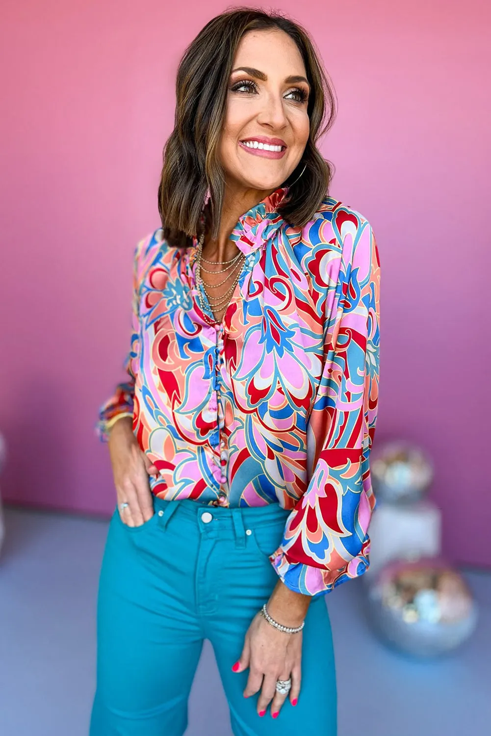 KaleaBoutique Stylish Abstract Print Frilly Neck Ruffled Sleeve Blouse