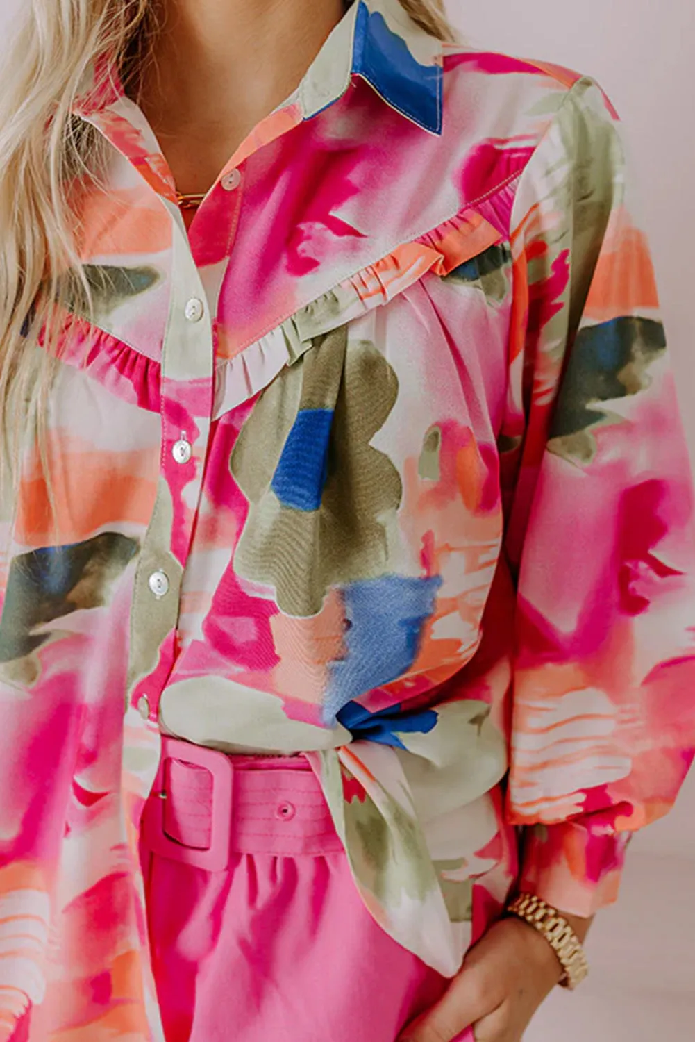 KaleaBoutique Stylish Abstract Print Ruffled Puff Sleeve Shirt