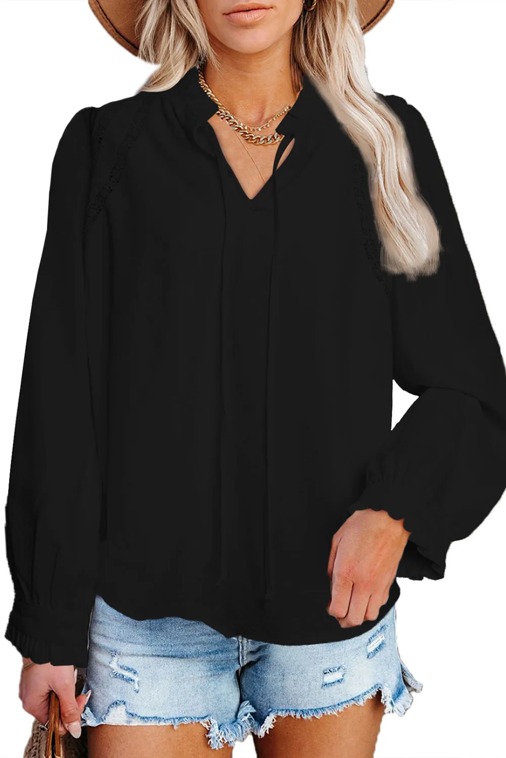 Lace Patchwork Ruffled Long Sleeve Blouse