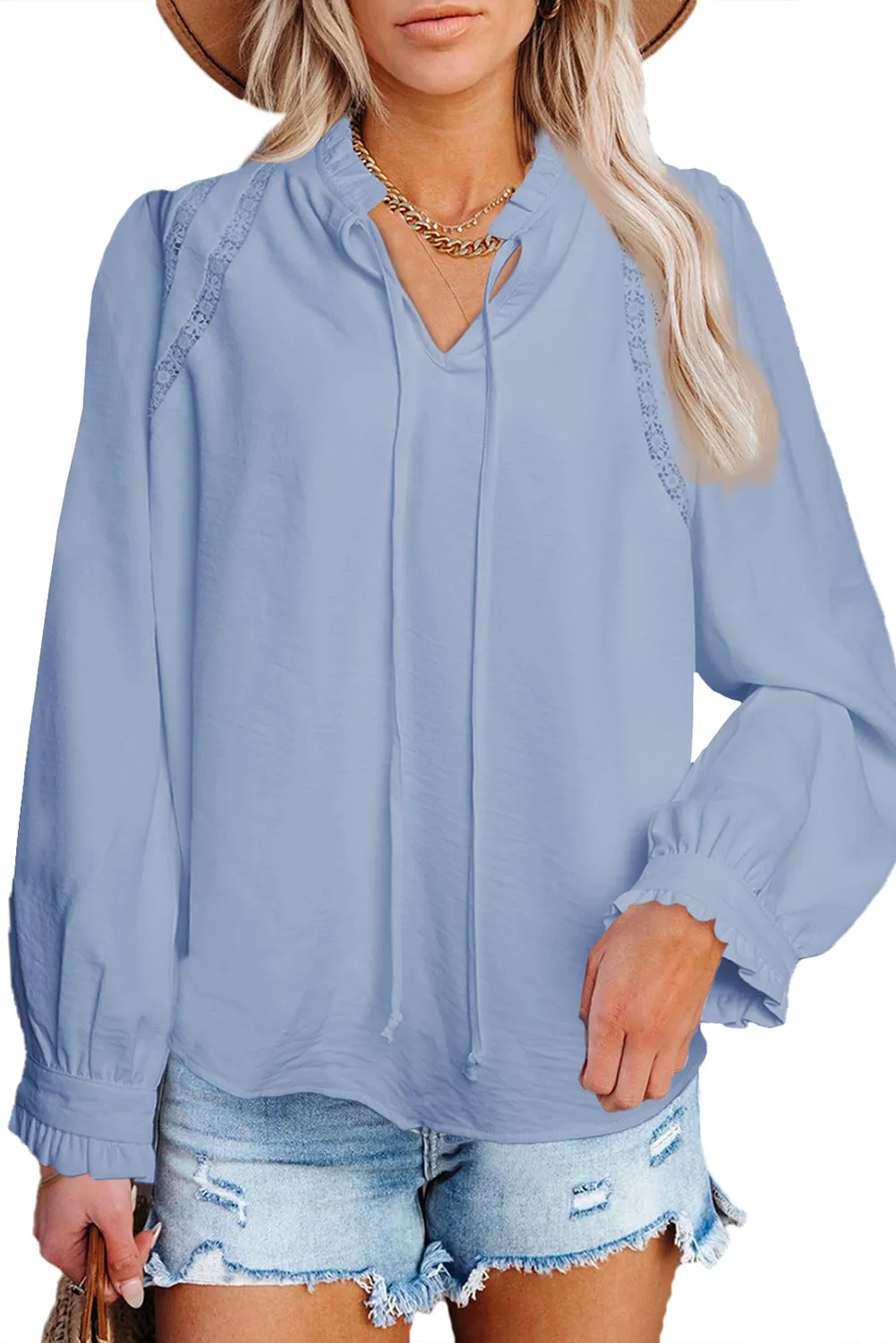 Lace Patchwork Ruffled Long Sleeve Blouse