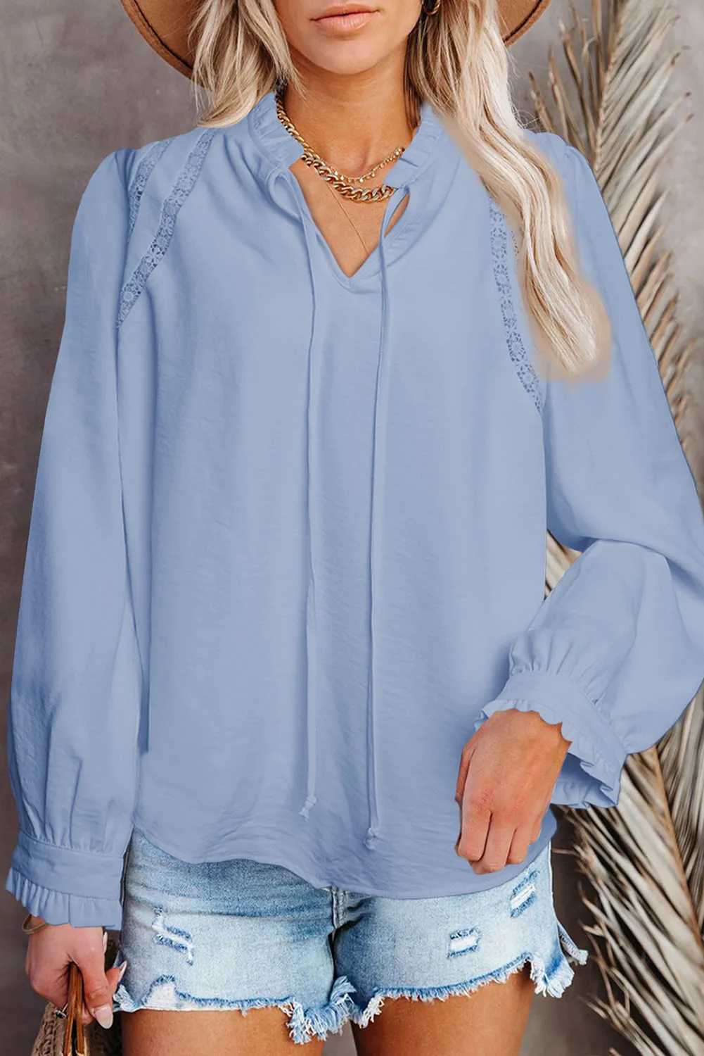 Lace Patchwork Ruffled Long Sleeve Blouse