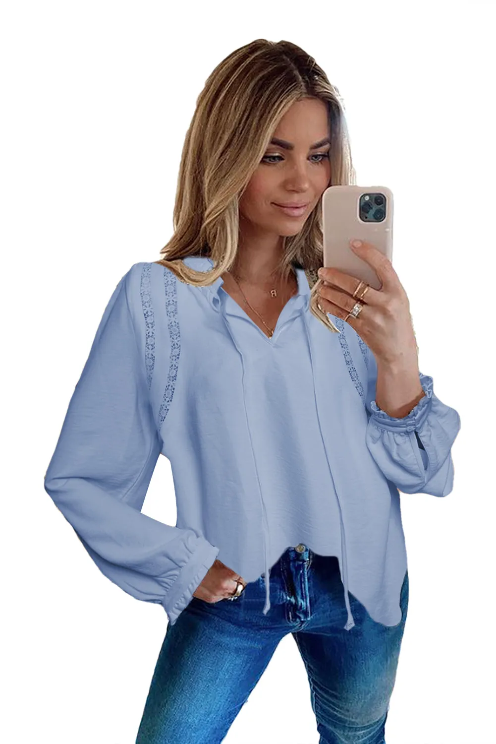 Lace Patchwork Ruffled Long Sleeve Blouse