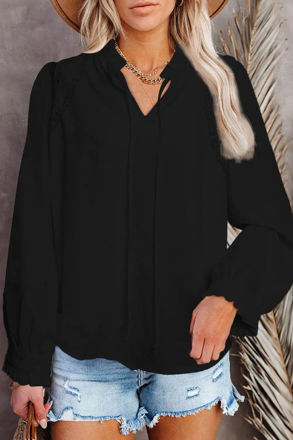 Lace Patchwork Ruffled Long Sleeve Blouse