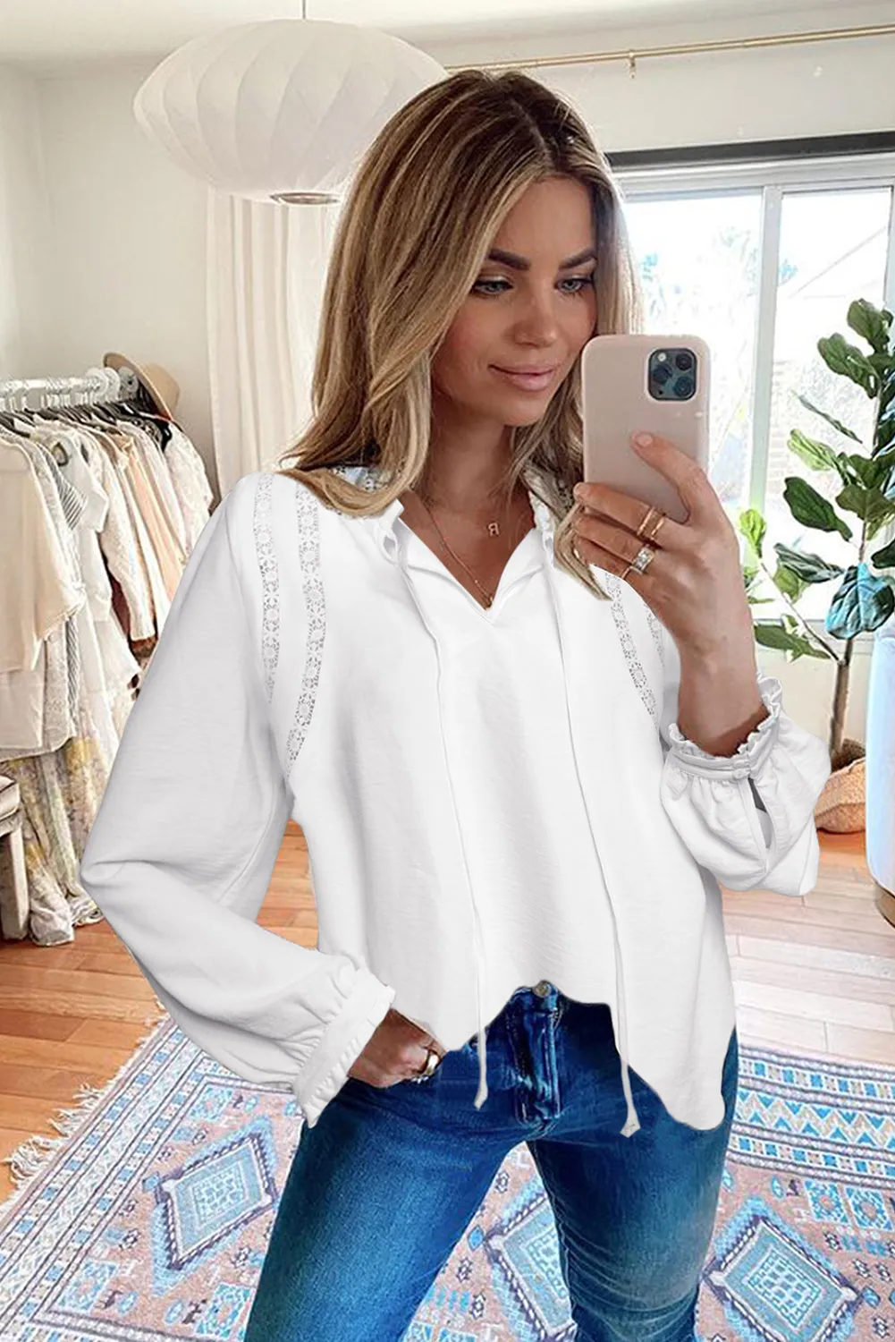 Lace Patchwork Ruffled Long Sleeve Blouse
