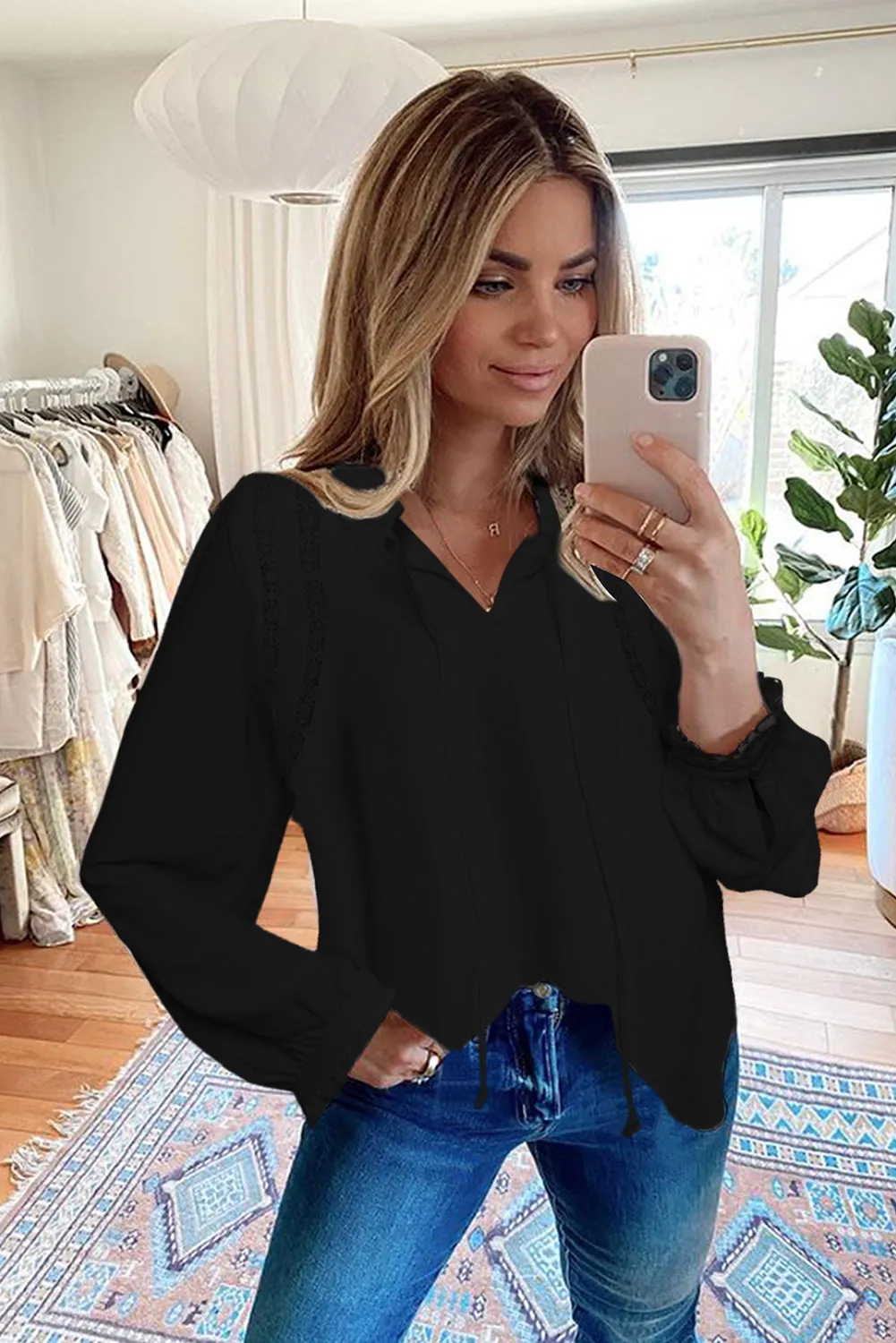 Lace Patchwork Ruffled Long Sleeve Blouse