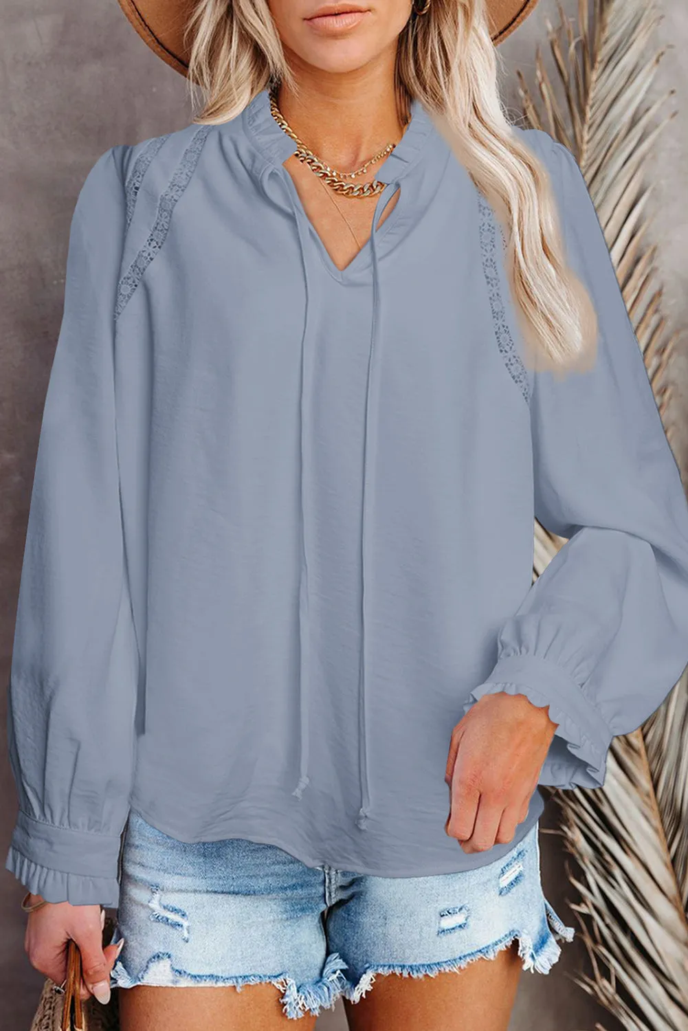 Lace Patchwork Ruffled Long Sleeve Blouse