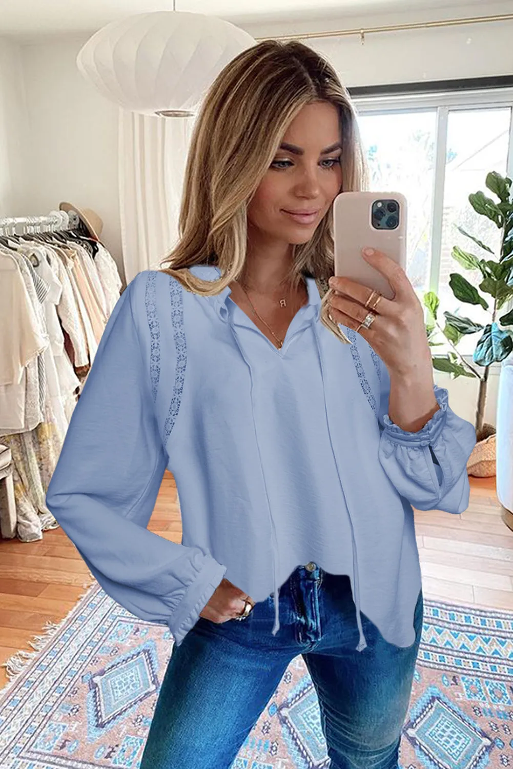 Lace Patchwork Ruffled Long Sleeve Blouse
