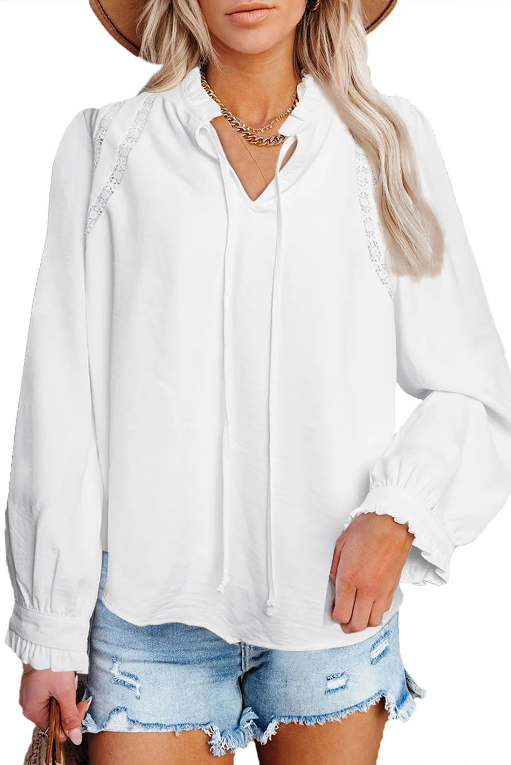 Lace Patchwork Ruffled Long Sleeve Blouse