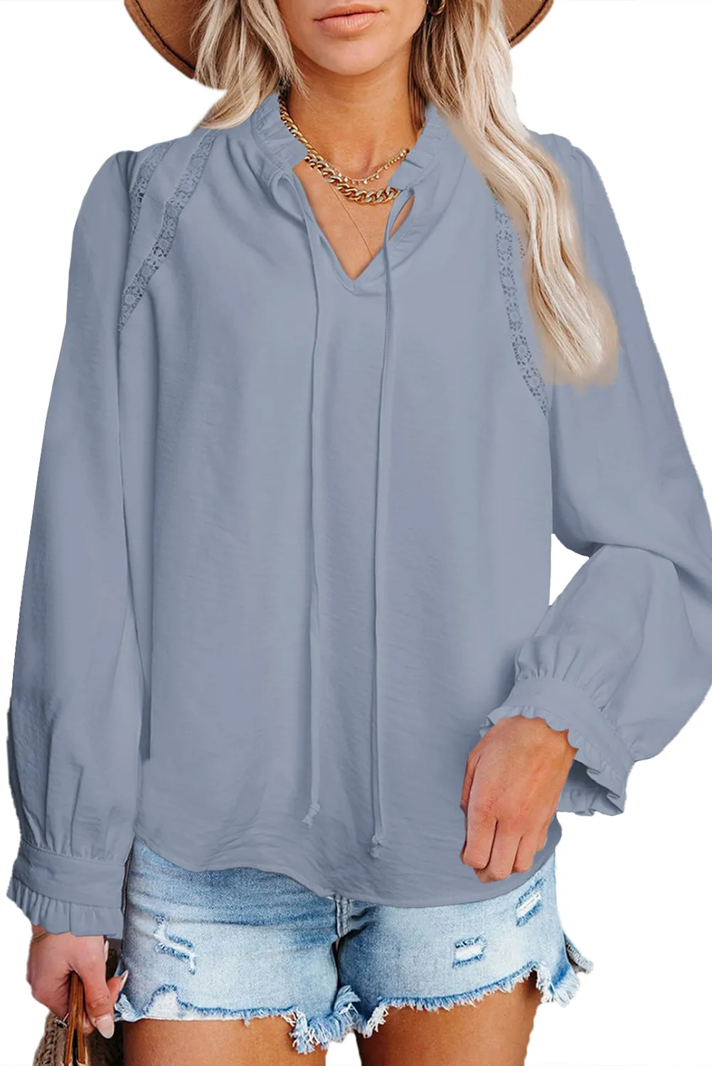Lace Patchwork Ruffled Long Sleeve Blouse