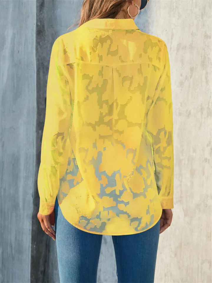 Ladies Elegant Voguish Jacquard Lapel Chiffon Blouse