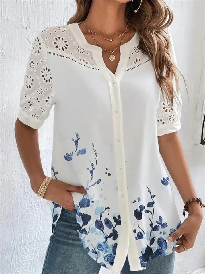 Ladies Popular Silky Flower Print Short Sleeves Blouse