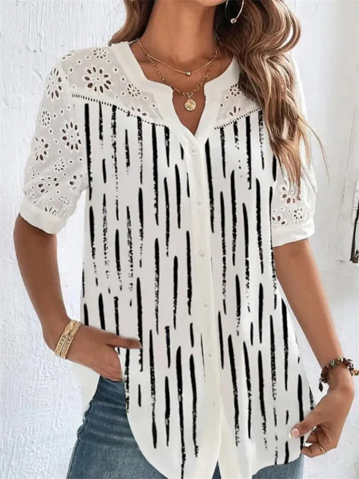 Ladies Popular Silky Flower Print Short Sleeves Blouse