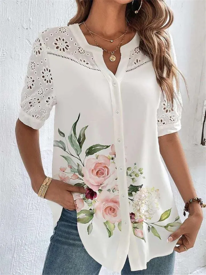 Ladies Popular Silky Flower Print Short Sleeves Blouse