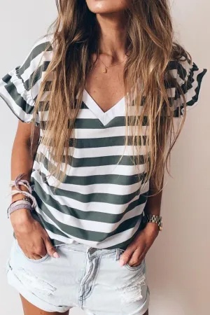 Laken Striped V-Neck Flounce Sleeve Top