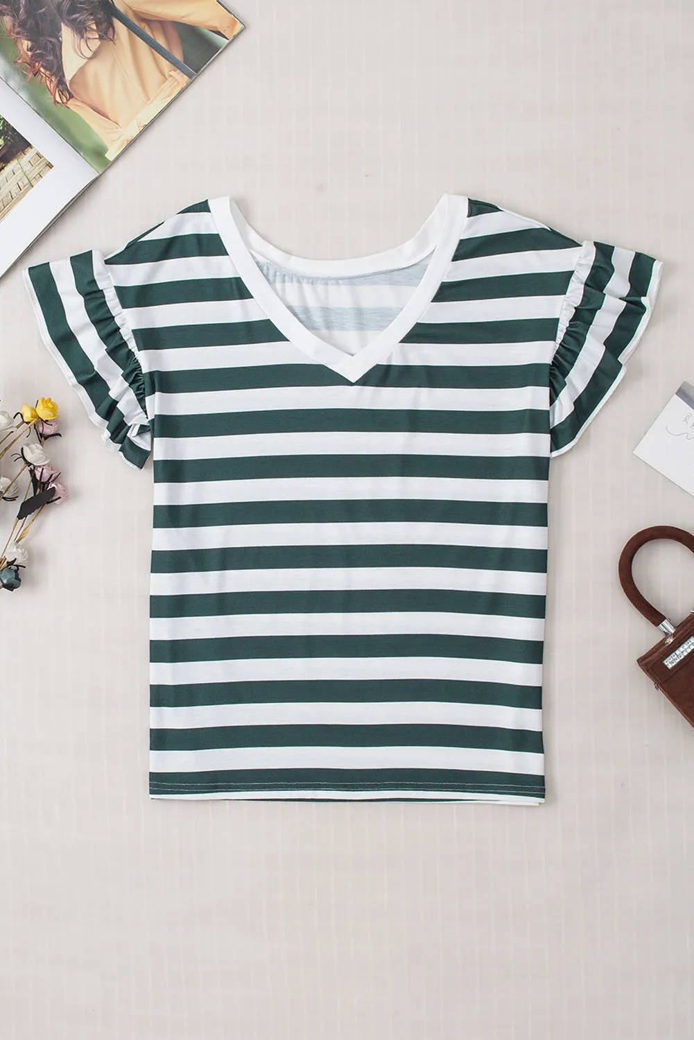Laken Striped V-Neck Flounce Sleeve Top
