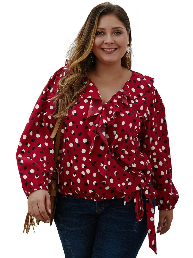Large Size Women's Polka Dot Ruffled Long-sleeved Shirt Autumn and Winter