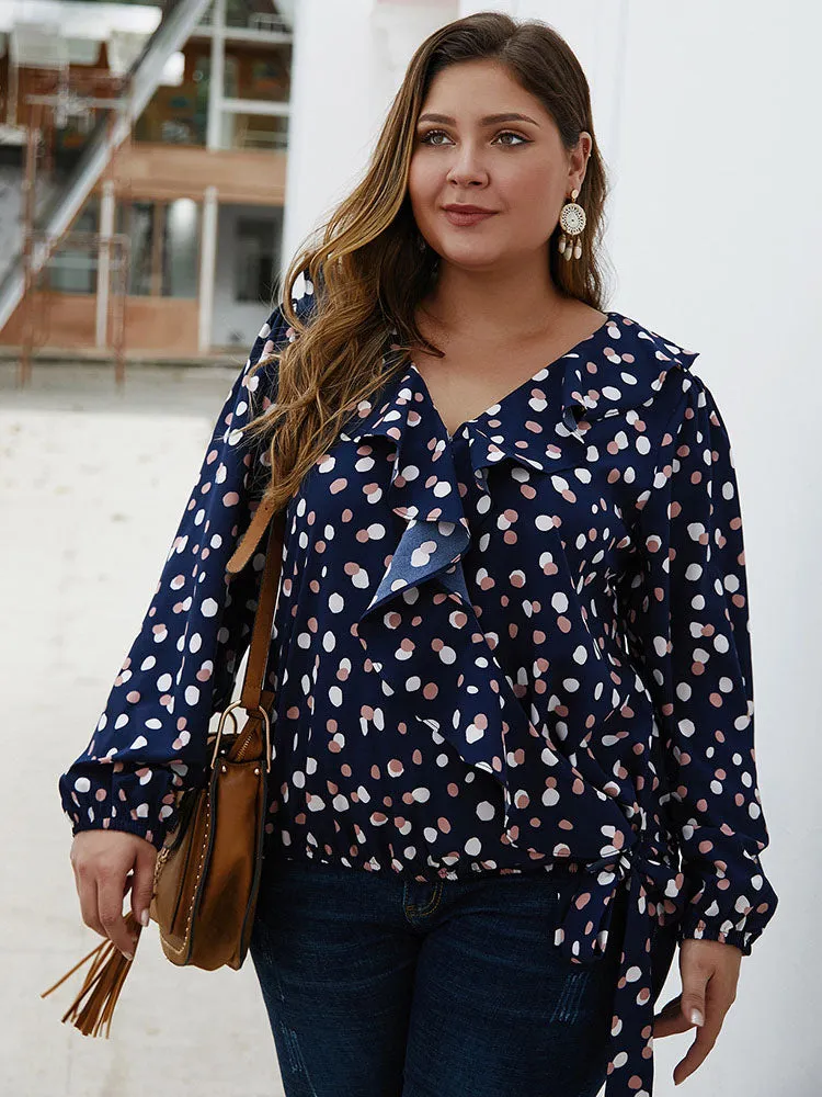 Large Size Women's Polka Dot Ruffled Long-sleeved Shirt Autumn and Winter