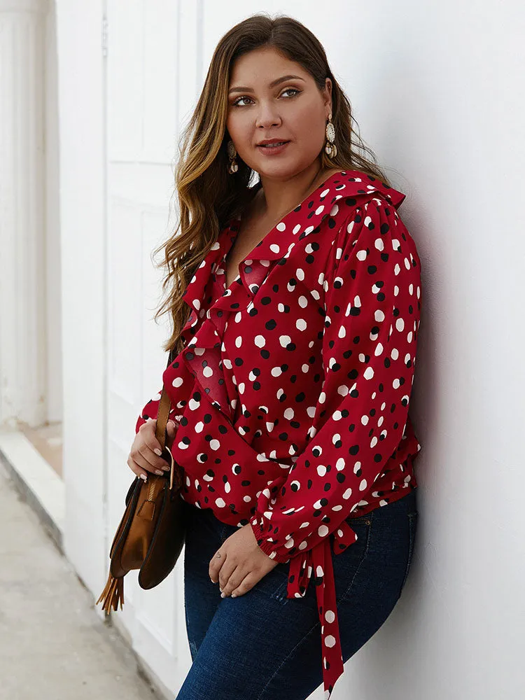 Large Size Women's Polka Dot Ruffled Long-sleeved Shirt Autumn and Winter