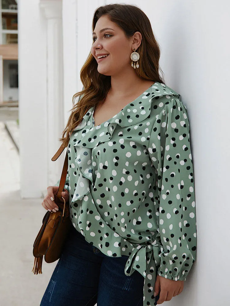 Large Size Women's Polka Dot Ruffled Long-sleeved Shirt Autumn and Winter