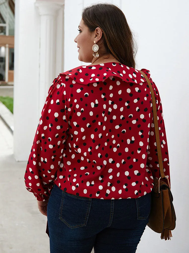 Large Size Women's Polka Dot Ruffled Long-sleeved Shirt Autumn and Winter