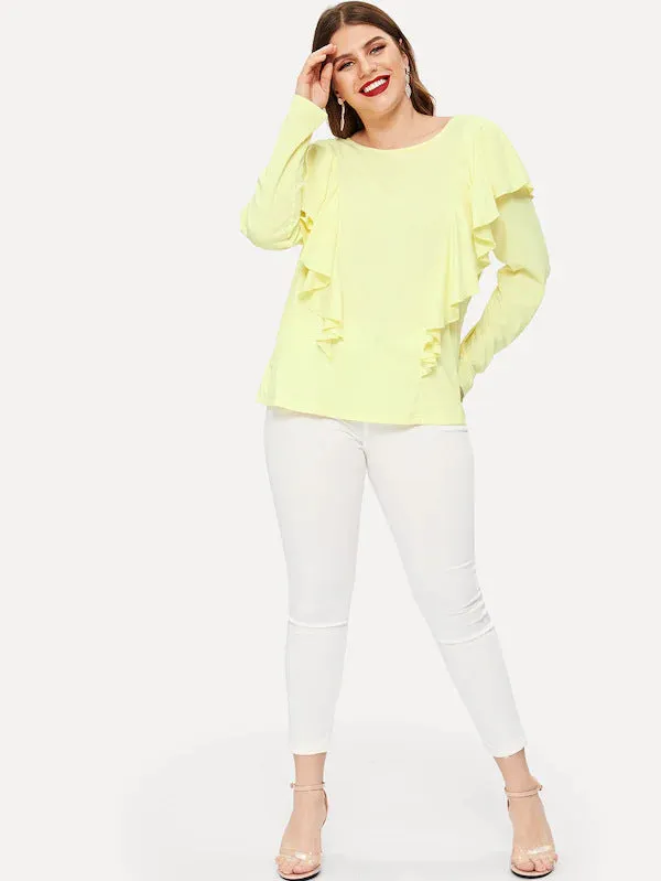 Large Size Women's Ruffled Long-sleeved T-shirt Round Neck Knit Top
