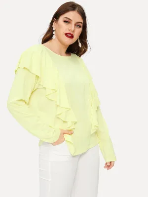 Large Size Women's Ruffled Long-sleeved T-shirt Round Neck Knit Top