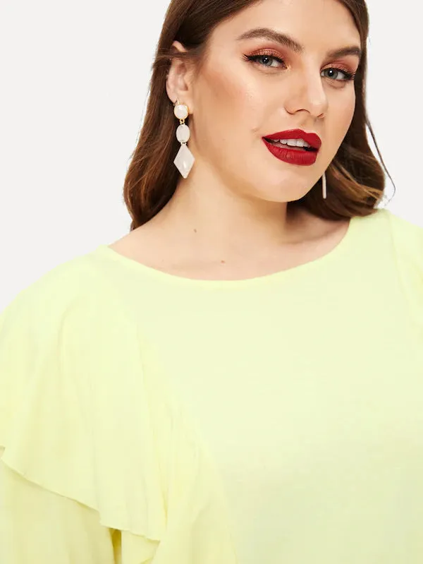 Large Size Women's Ruffled Long-sleeved T-shirt Round Neck Knit Top